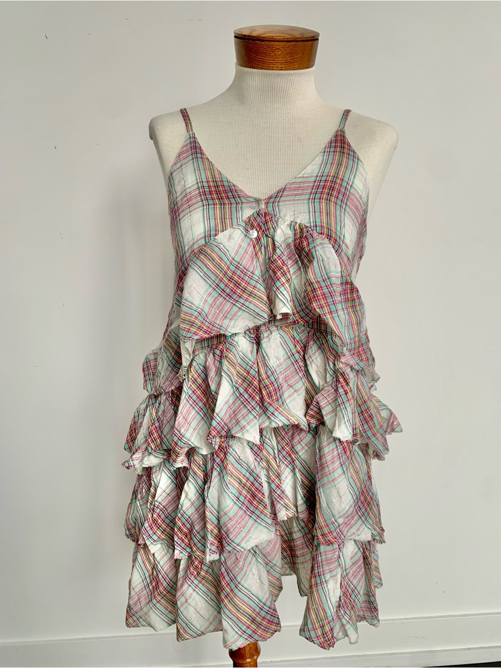 Plaid Ruffled Tiered Slip Dress in Pastel Plaid